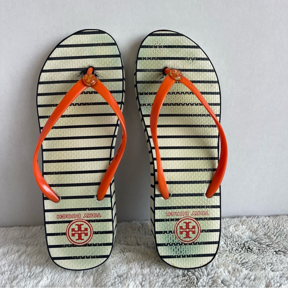 Tory Burch Orange Strap Striped Flip Flops 9.5